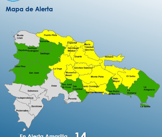 COE coloca 14 provincias en alerta amarilla y 11 en verde