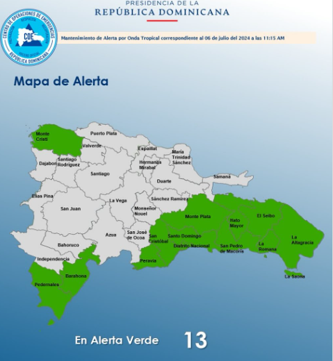 COE mantiene 12 provincias y al DN en alerta verde por lluvias en RD