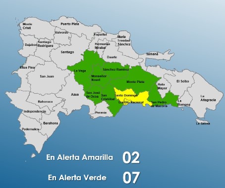 Dos provincias en alerta amarilla y siete en verde ante lluvias en RD